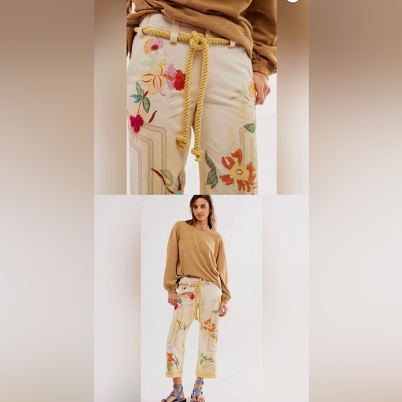 We The Free Pants - Free People We The Free NWOT Floral Electric Sands Embroidered Cropped Pants